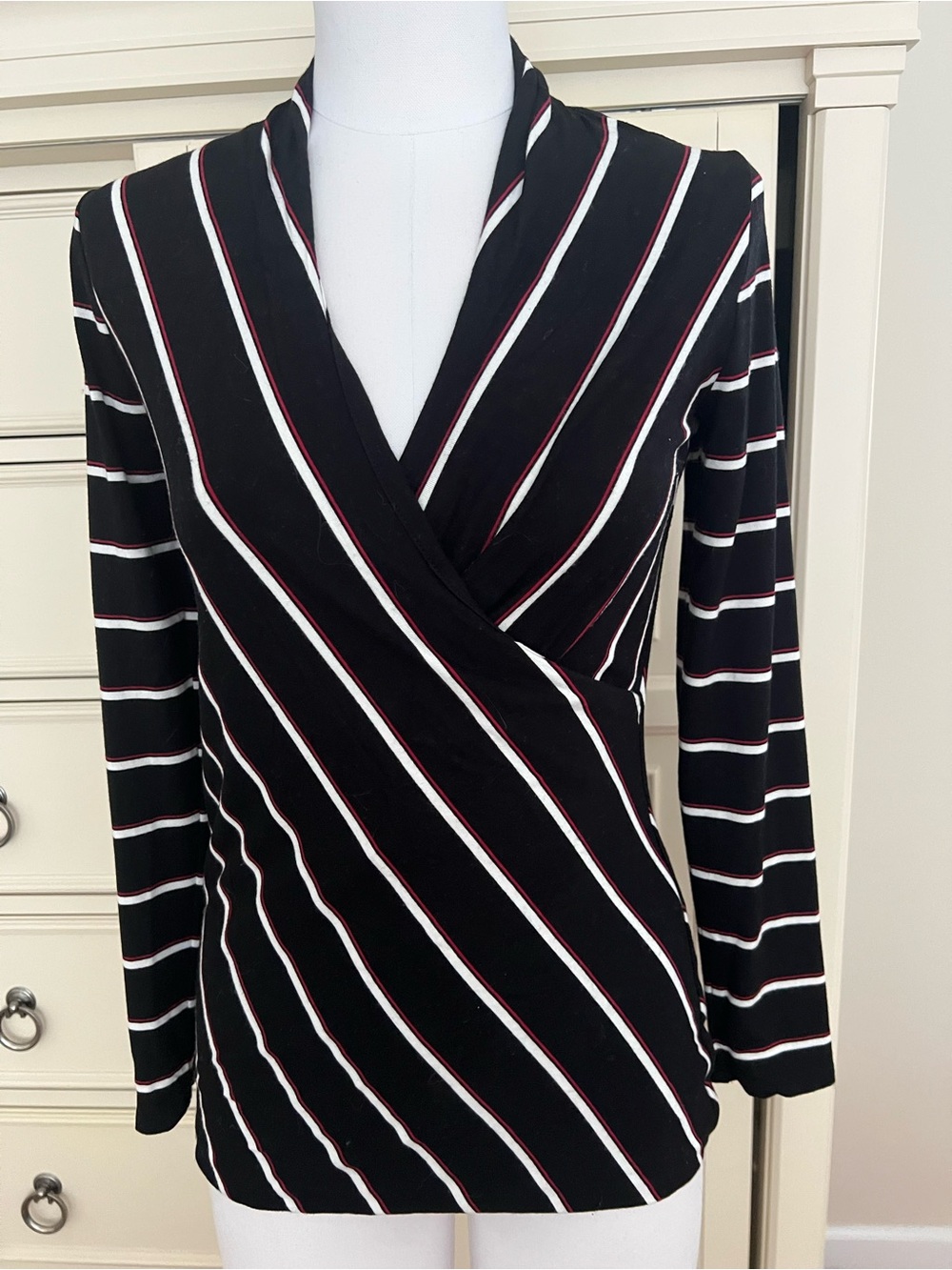 White House Black Market Black Striped Wrap-Style Long Sleeve Top
